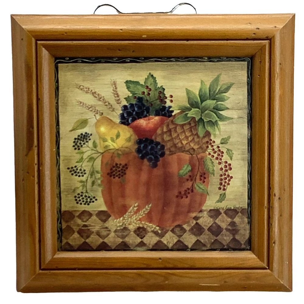 Vtg 2000 Valerie Evers Wenk Fruit Bowl Painting Wood‎ Frame Wall Art 8"x8"